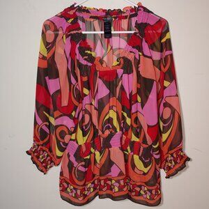 Bisou Bisou Abstract Print Sheer Smoke Waist V Neck Blouse Size L Brown Pink